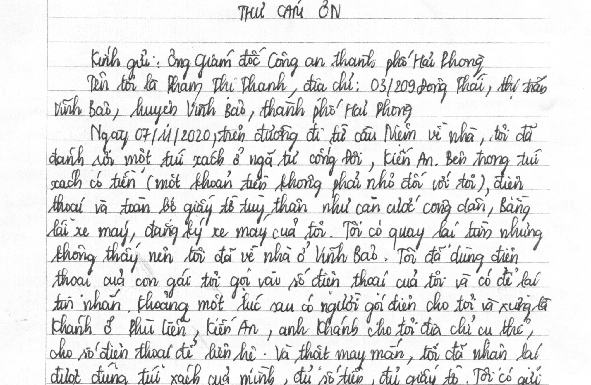 Bà Phạm Thị Thanh gửi thư cảm ơn về việc Công an phường Phù Liễn (Kiến An) trả lại tài sản bị rơi